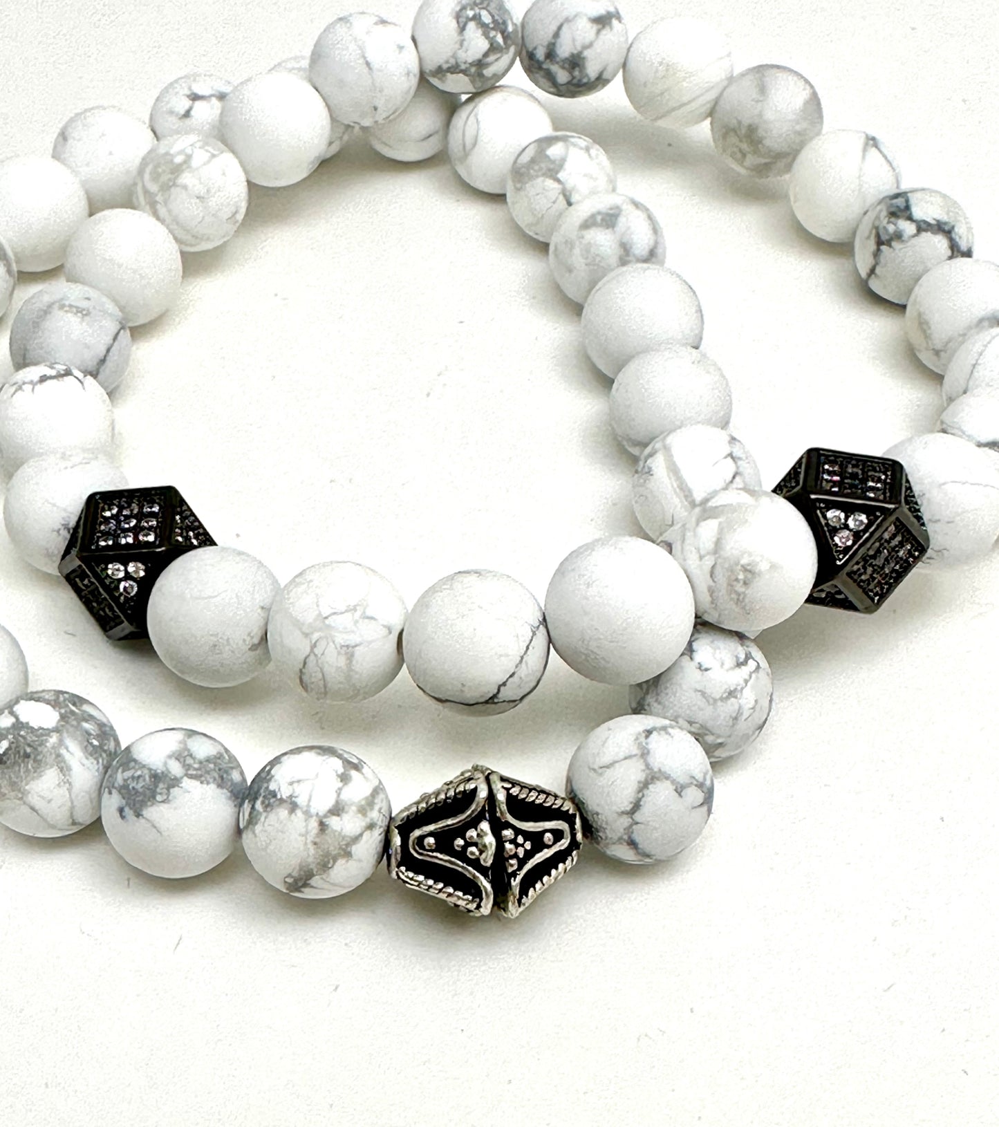 Men’s White Jasper Beaded Bracelet with Gunmetal and Pave’