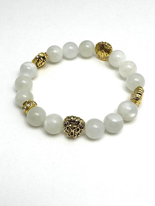 White Agate Beaded Bracelet with Lions