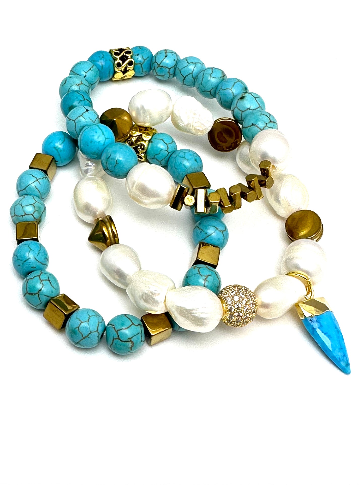 Turquoise and Pearl Beaded Bracelet Stack