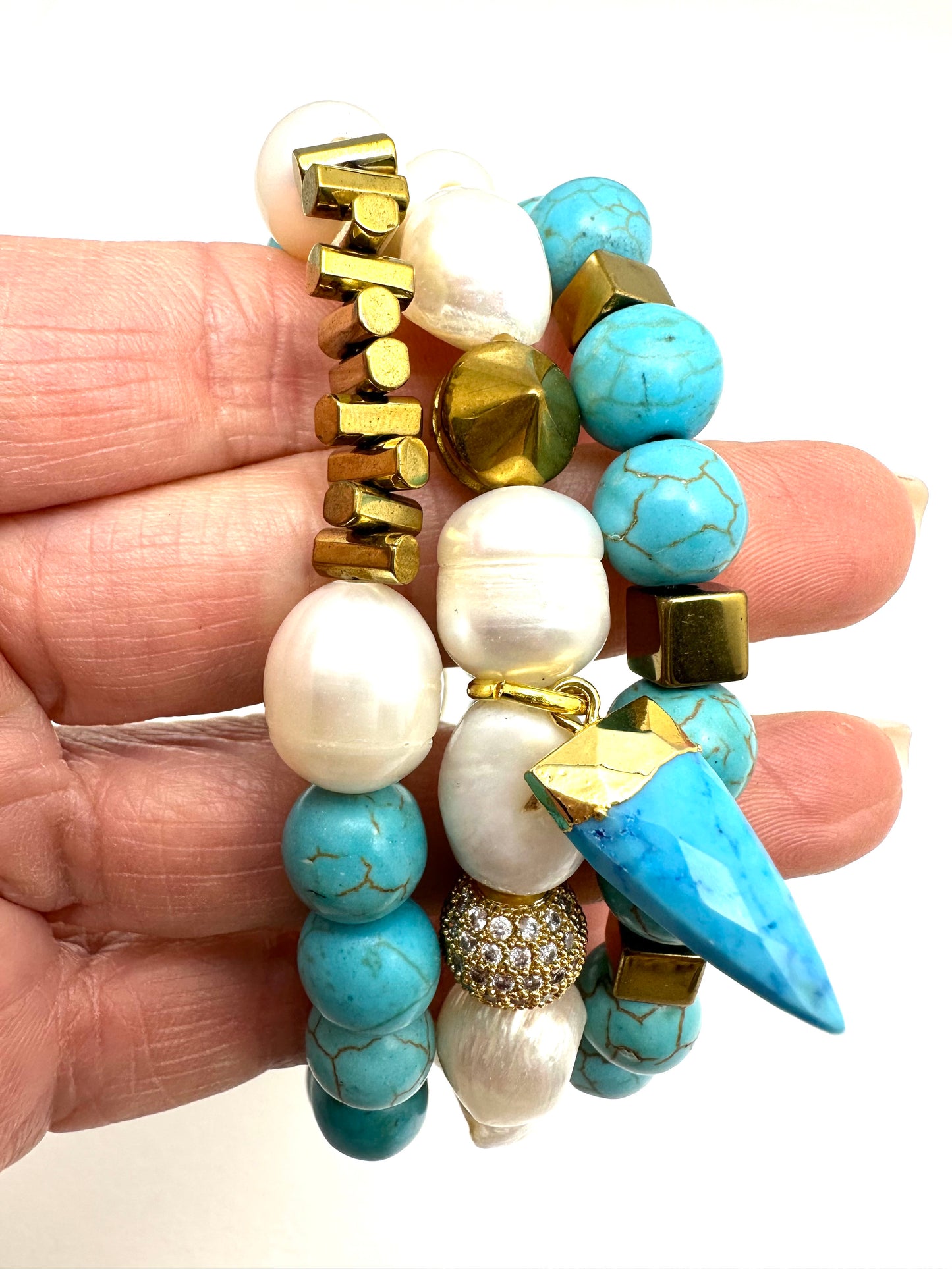 Turquoise and Pearl Beaded Bracelet Stack