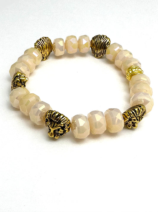 Cream Crystal Beaded Bracelet with Lions