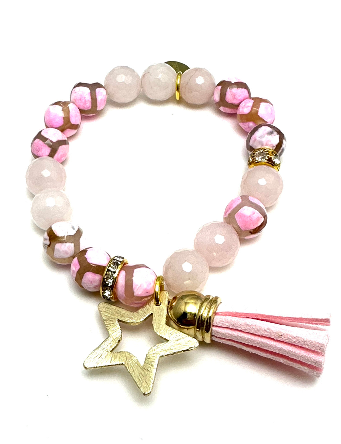 Pink Tibetan Agate Beaded Bracelet with Tassel and Star