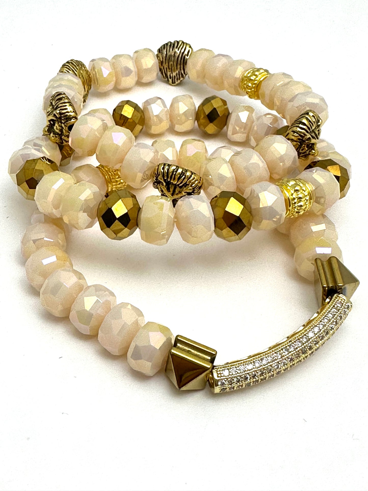 Cream Crystal Beaded Bracelet Stack