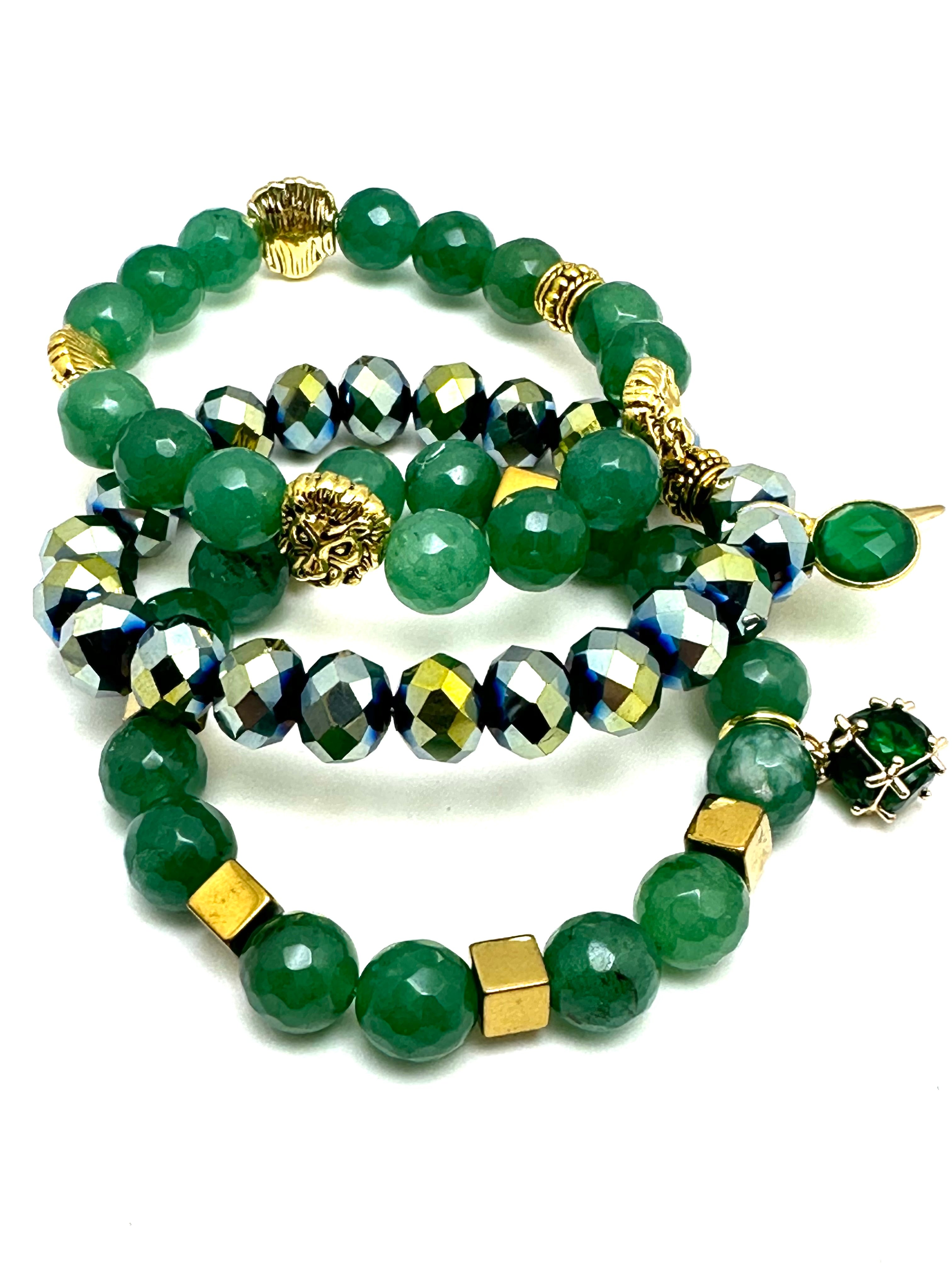 Rachel Jade Green Bracelet Set | Gold Chain and Jade Beads | Layering Bracelet Stack