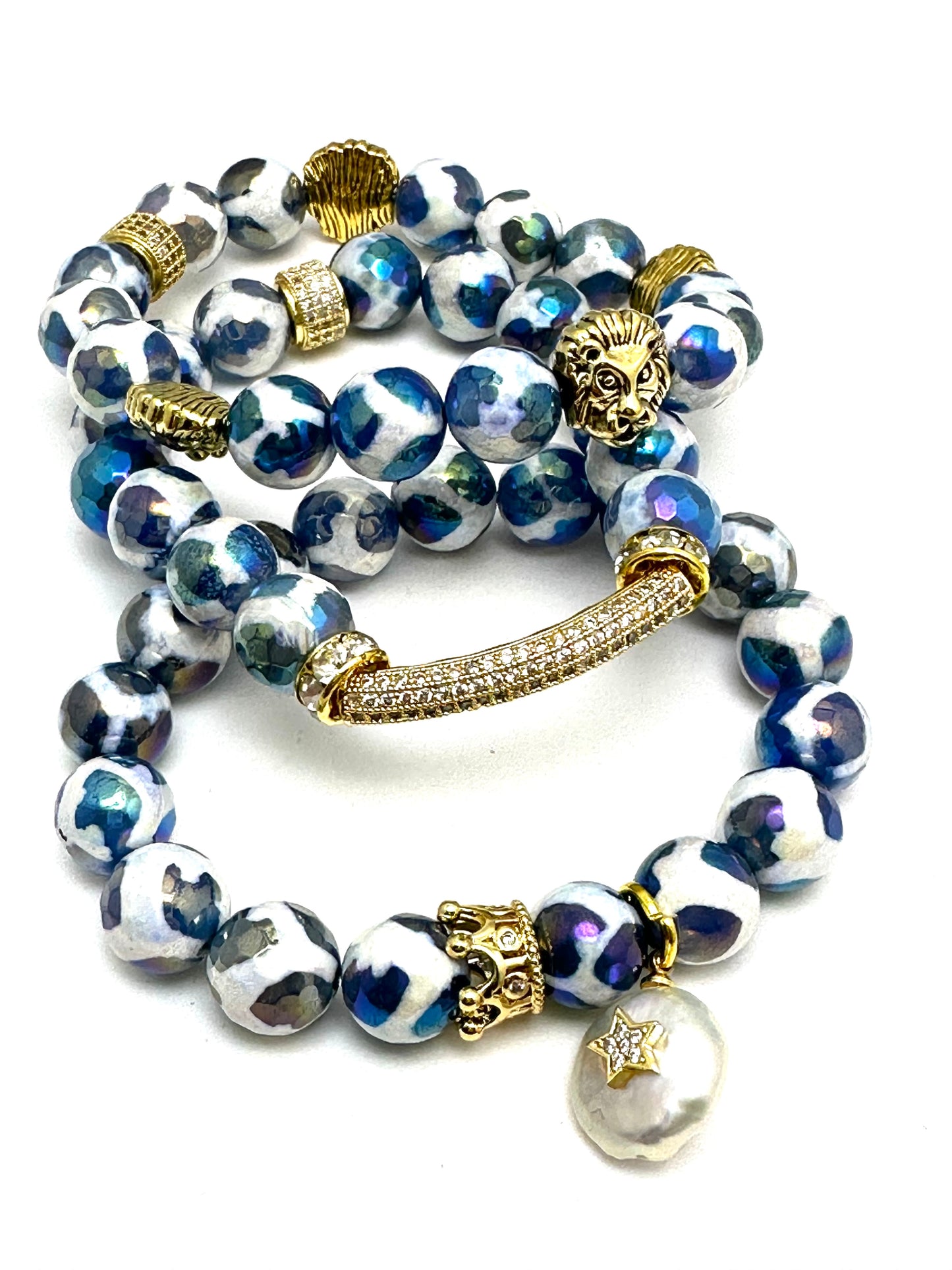 Blue Micro plated Tibetan  Beaded Bracelet Stack