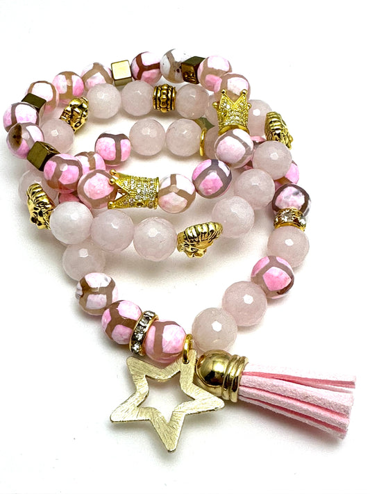 Pink Tibetan Agate Beaded Bracelet Stack