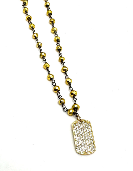 Pave’ Dog Tag Rosary Chain Necklace