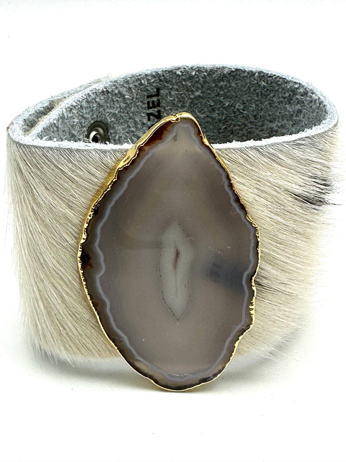 Leather Cuff with Gold Rimmed White Agate