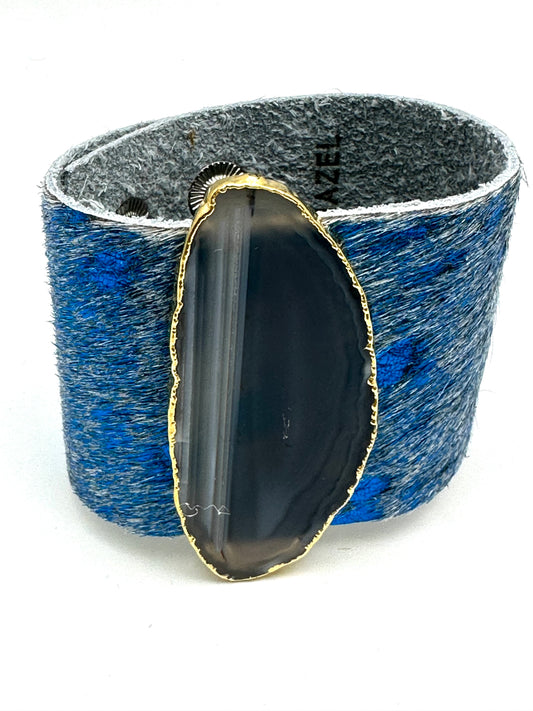 Leather Cuff with Gold Rimmed White Agate