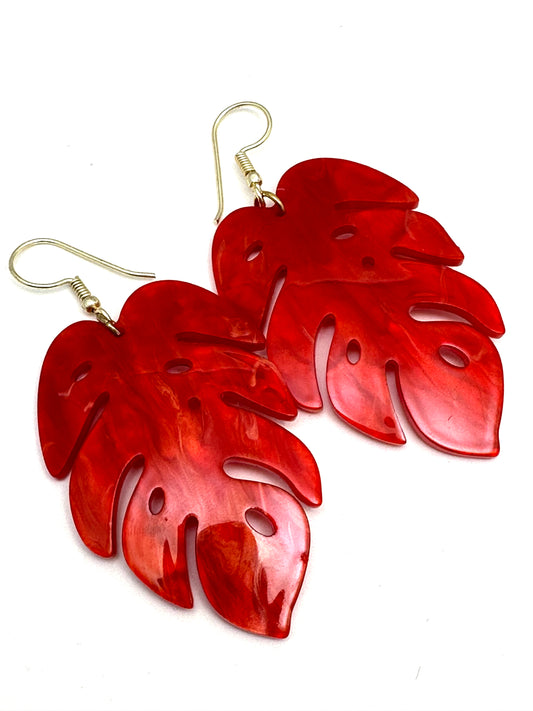 Red Monstera Leaf Resin Acrylic Earring