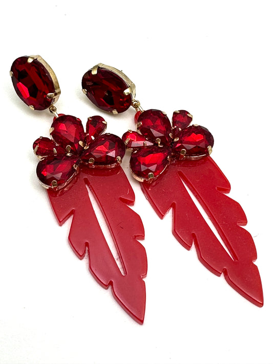 Red Gemstone Drop Resin Leaf Earring