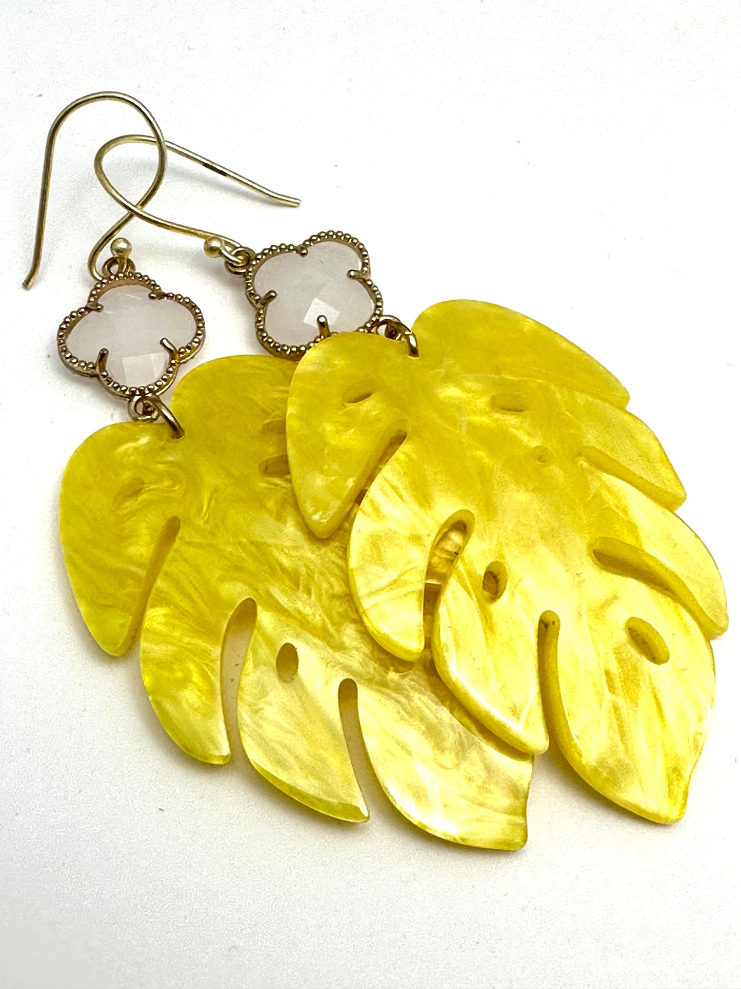 Yellow Monstera Leaf Earring with Gemstone