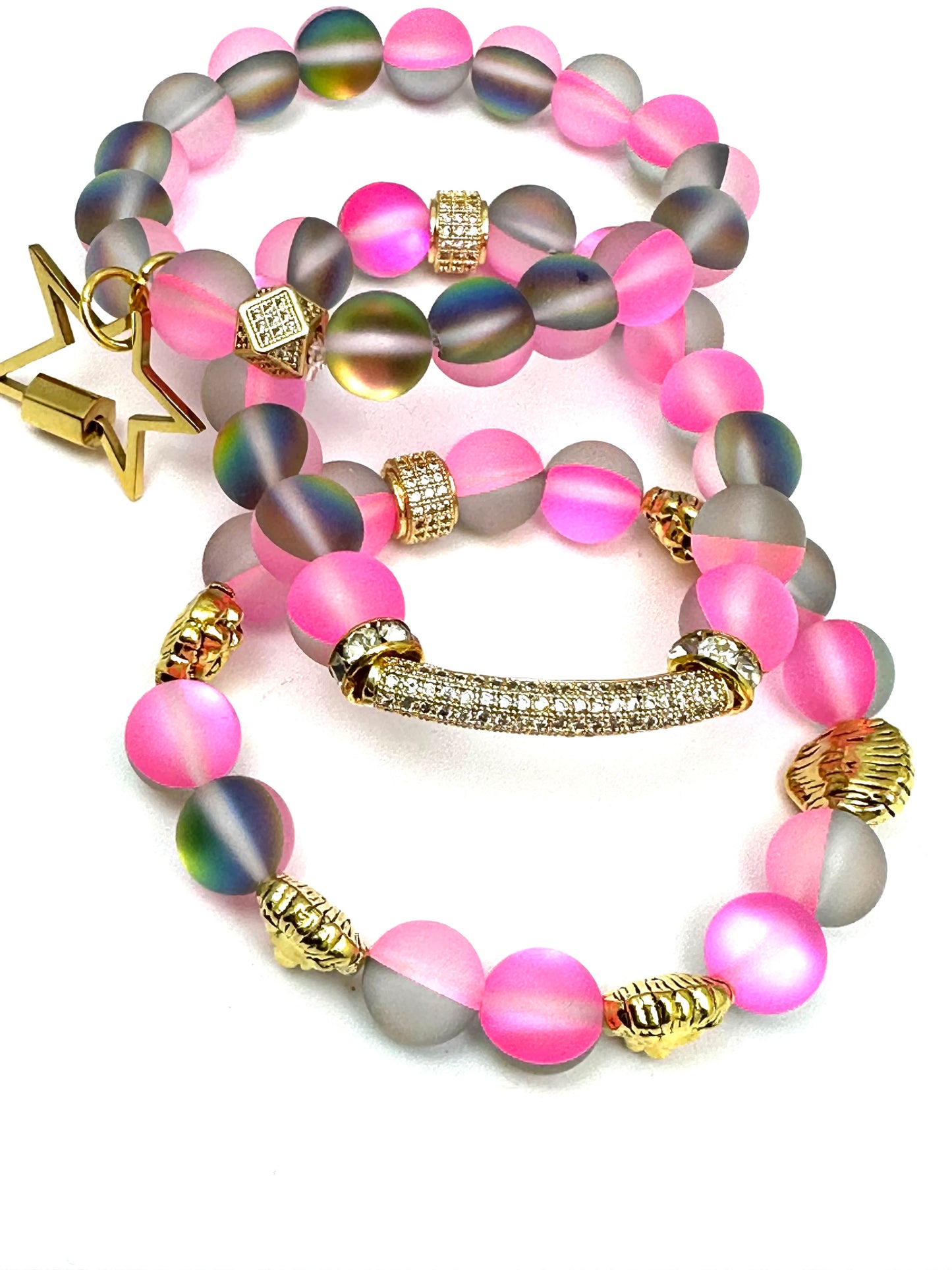 Pink Mermaid Beaded Bracelet with Pave’ Bar