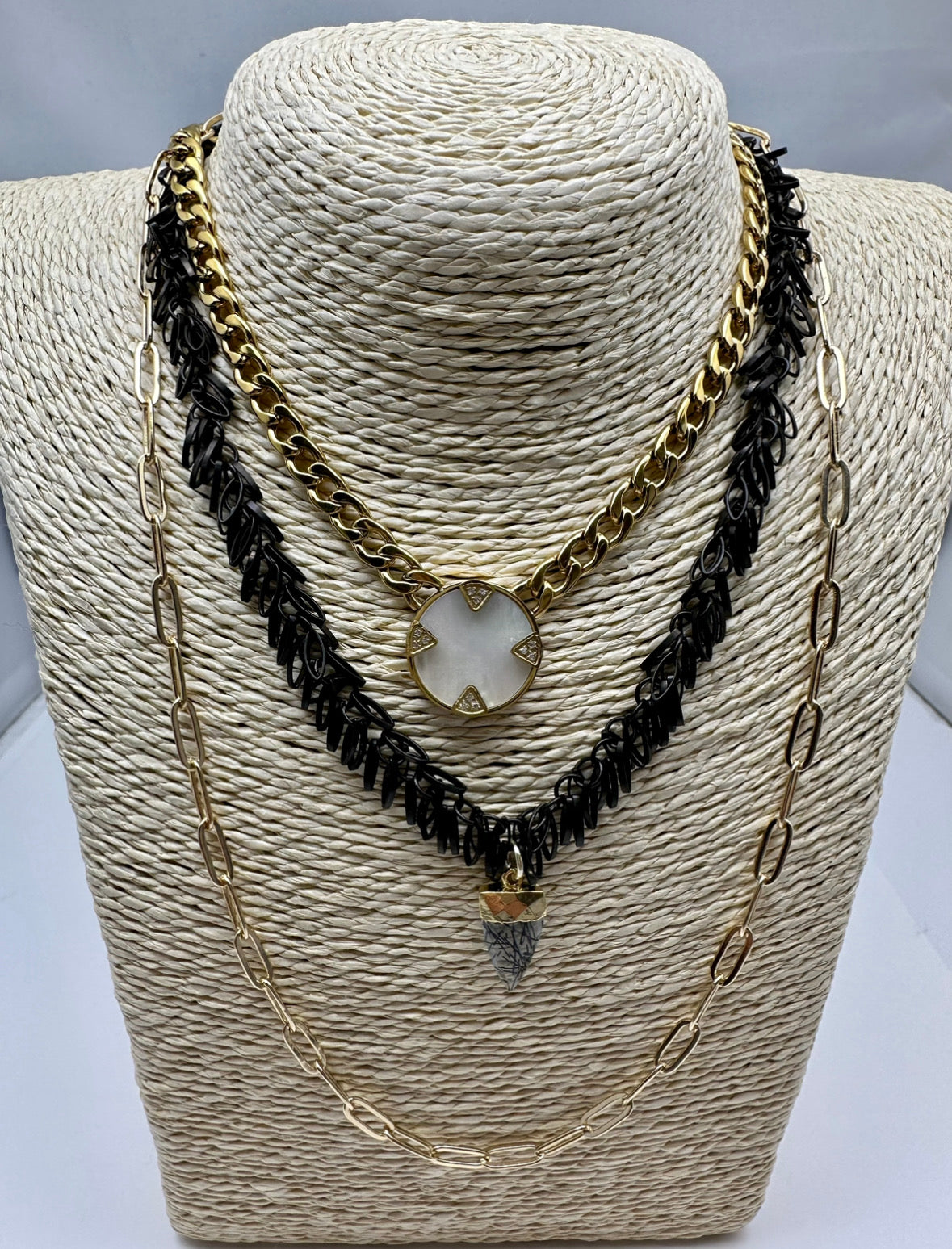 Double Trouble- Black Gunmetal and Gold Paperclip Chain with Black and Clear  Gemstone