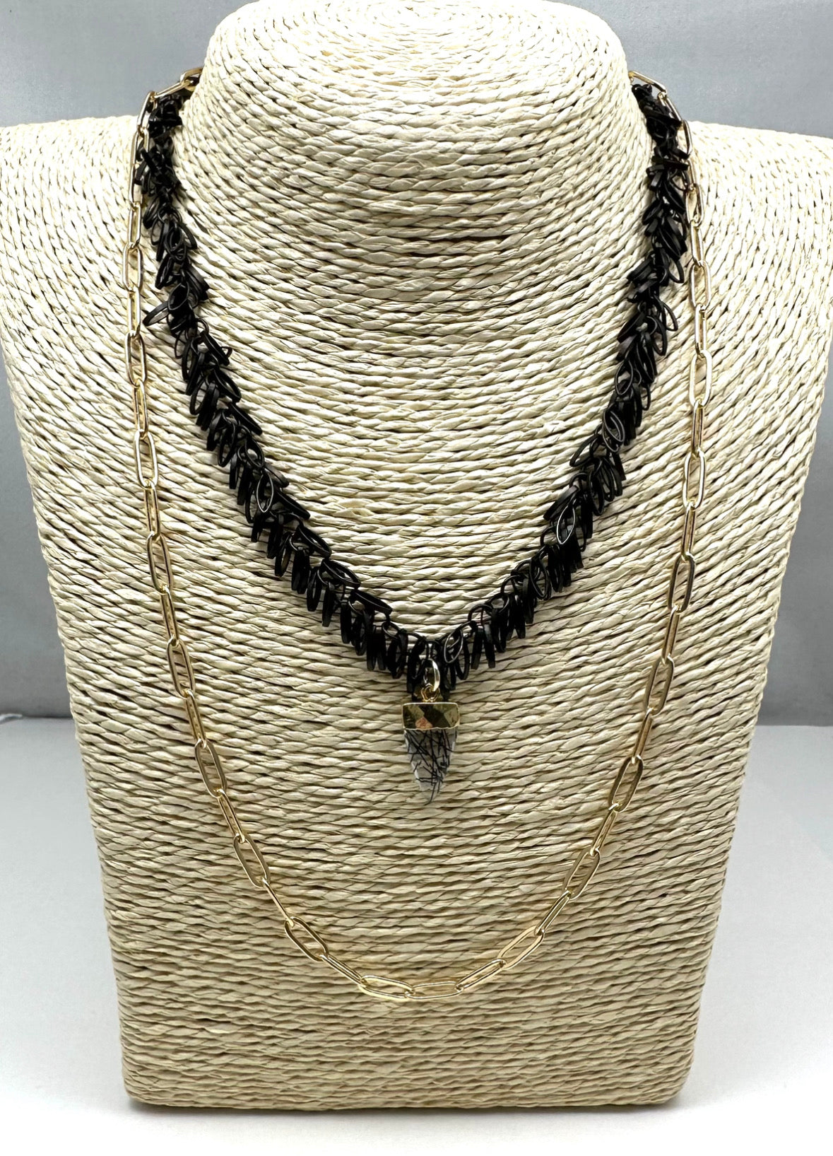 Double Trouble- Black Gunmetal and Gold Paperclip Chain with Black and Clear  Gemstone