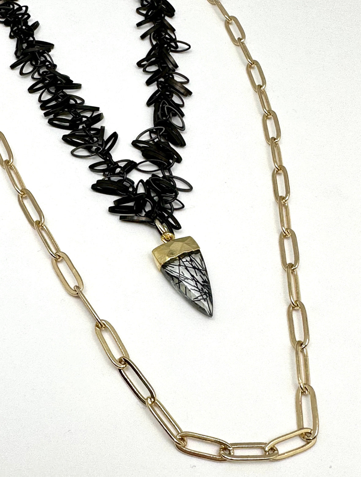 Double Trouble- Black Gunmetal and Gold Paperclip Chain with Black and Clear  Gemstone