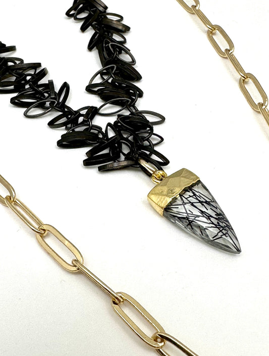 Double Trouble- Black Gunmetal and Gold Paperclip Chain with Black and Clear  Gemstone