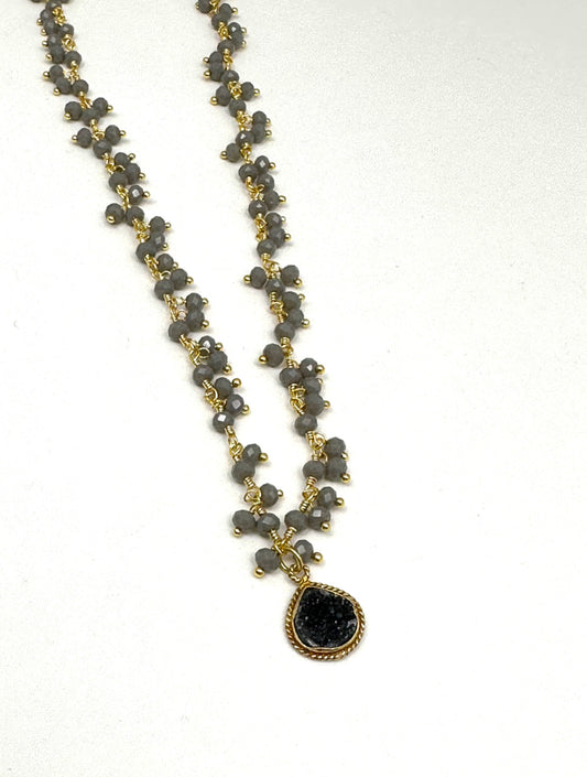 Grey Rosary Bead Chain with Black Geode Gemstone