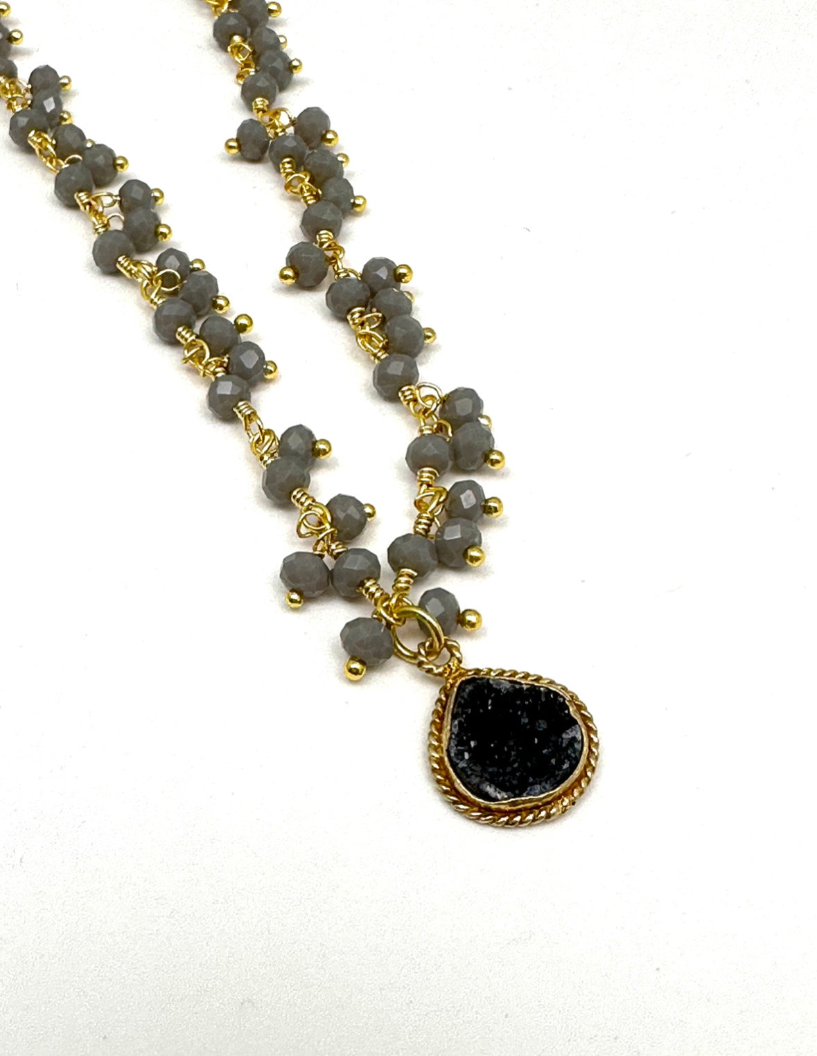 Grey Rosary Bead Chain with Black Geode Gemstone