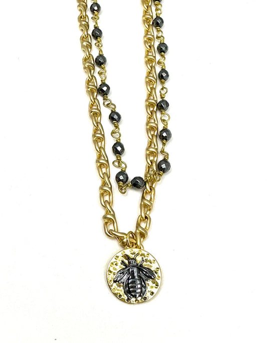 Hematite Rosary Chain Layered with Gold Chain and Bee Coin