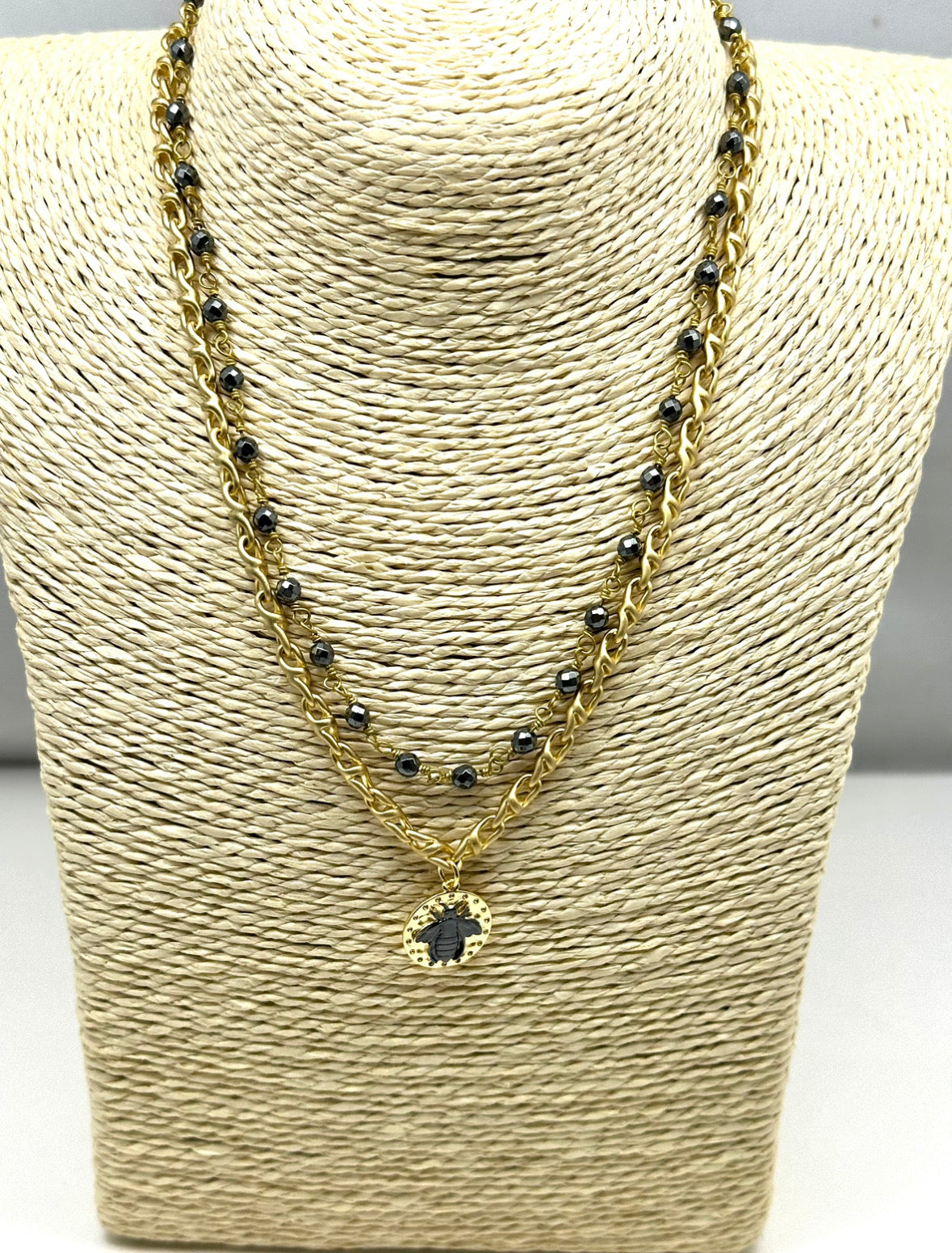 Hematite Rosary Chain Layered with Gold Chain and Bee Coin