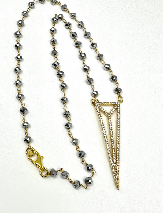 Grey Crystal Rosary Bead Chain with Pave’ Open Dagger