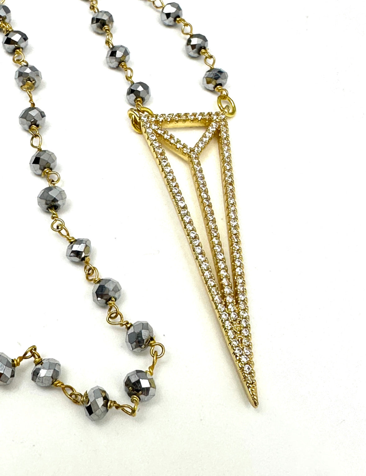 Grey Crystal Rosary Bead Chain with Pave’ Open Dagger