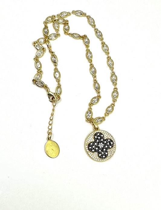 CZ Gold Chain Necklace with Clover Disc