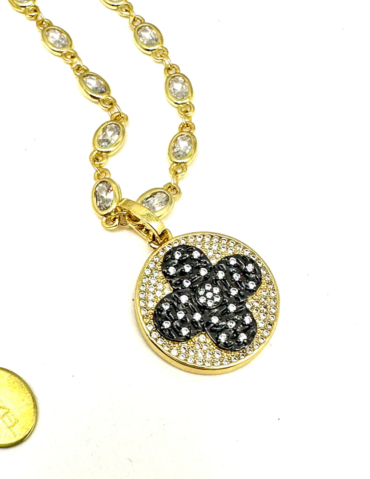 CZ Gold Chain Necklace with Clover Disc