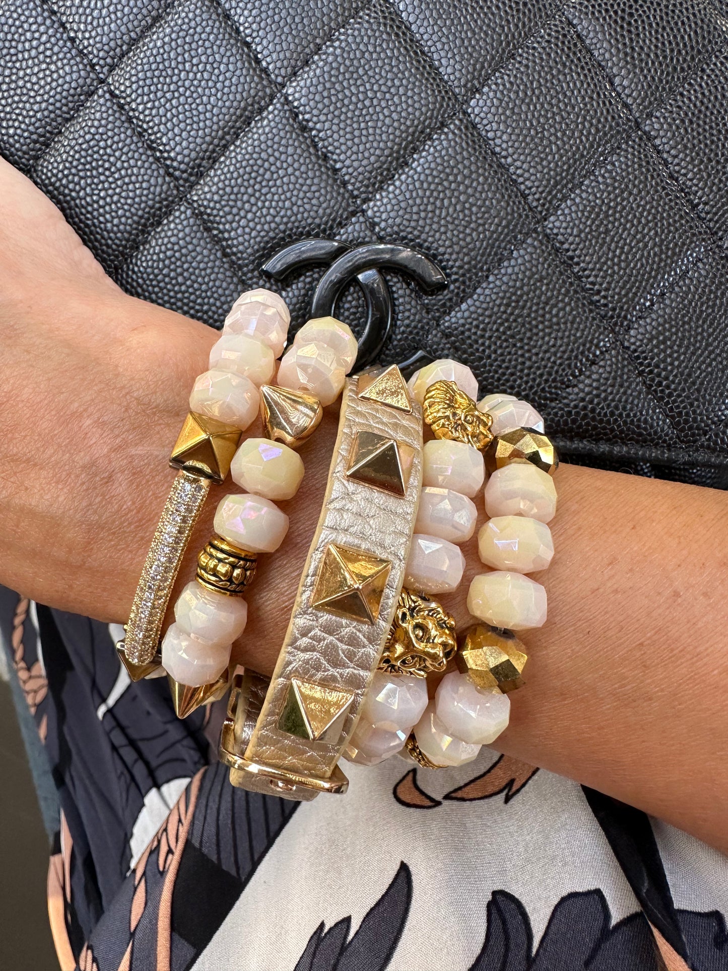 Cream Crystal Beaded Bracelet with Lions