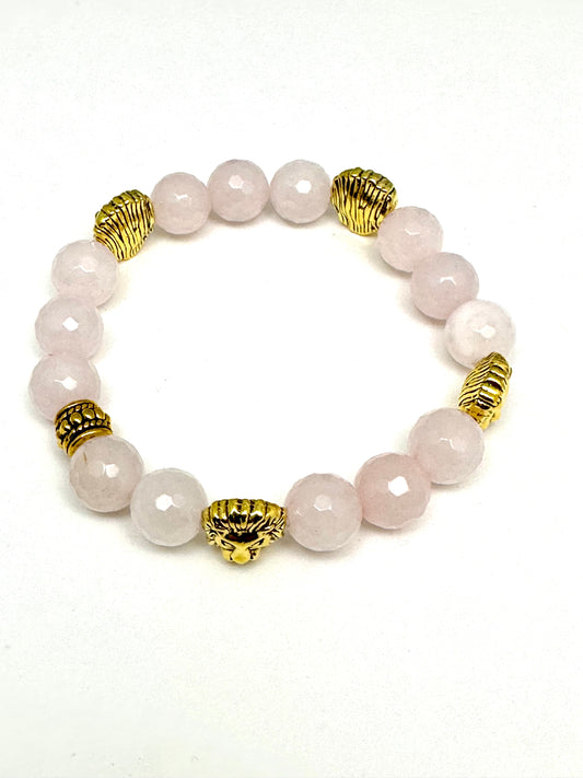 Baby Pink Agate Beaded Bracelet with Lions