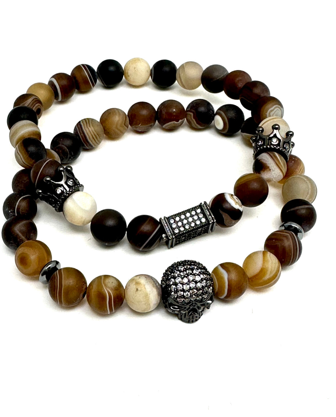 Men’s Brown Malachite Beaded Bracelet with Gunmetal Skull and Crown