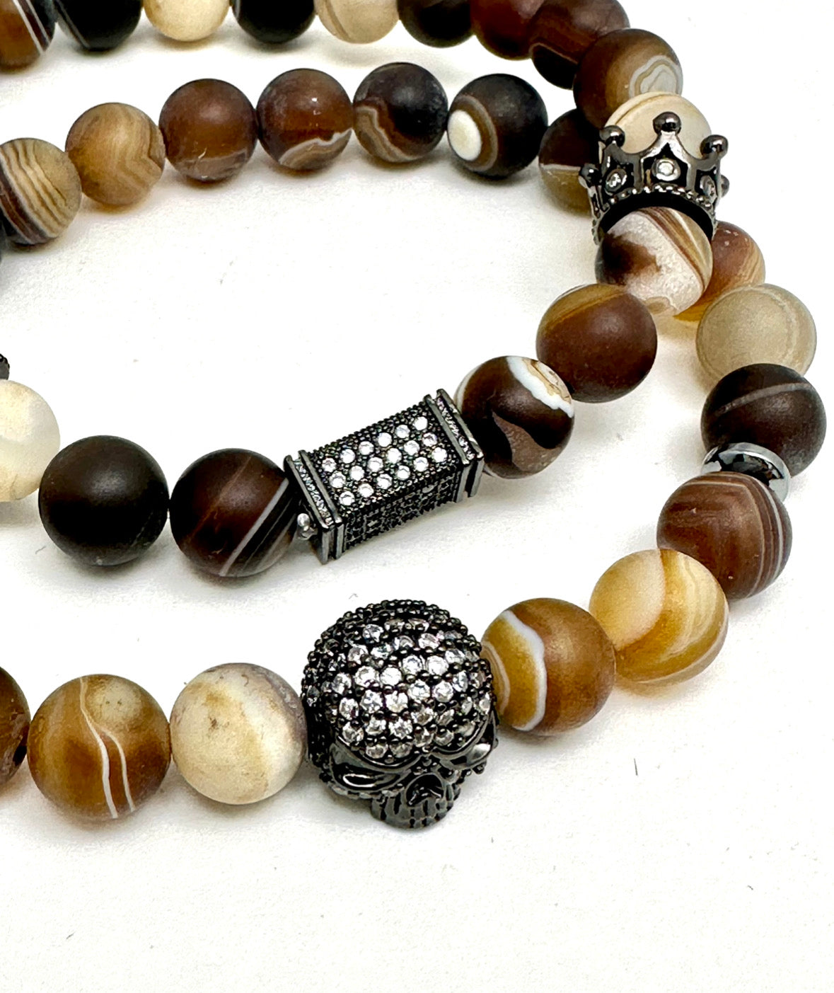 Men’s Brown Malachite Beaded Bracelet with Gunmetal Skull and Crown