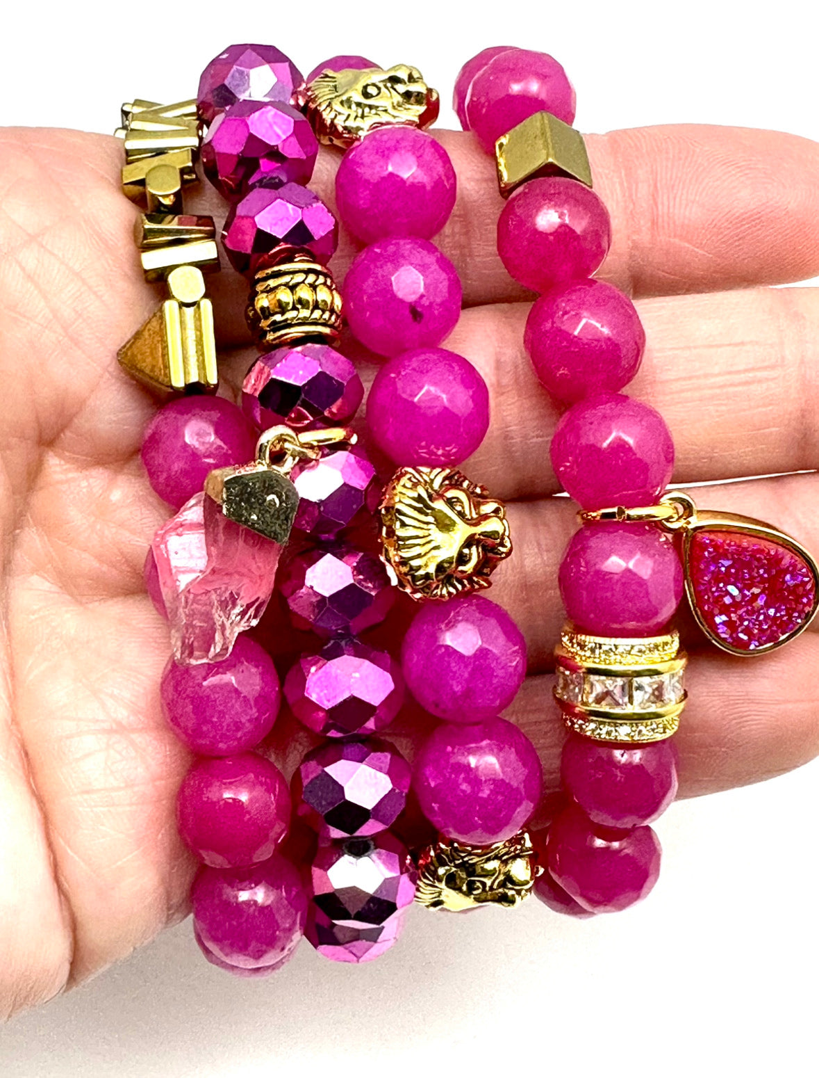 Pink Agate Beaded Bracelet Stack