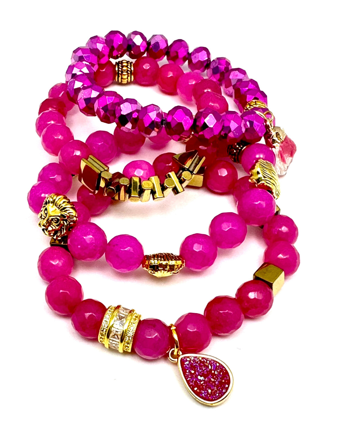 Pink Agate Beaded Bracelet Stack