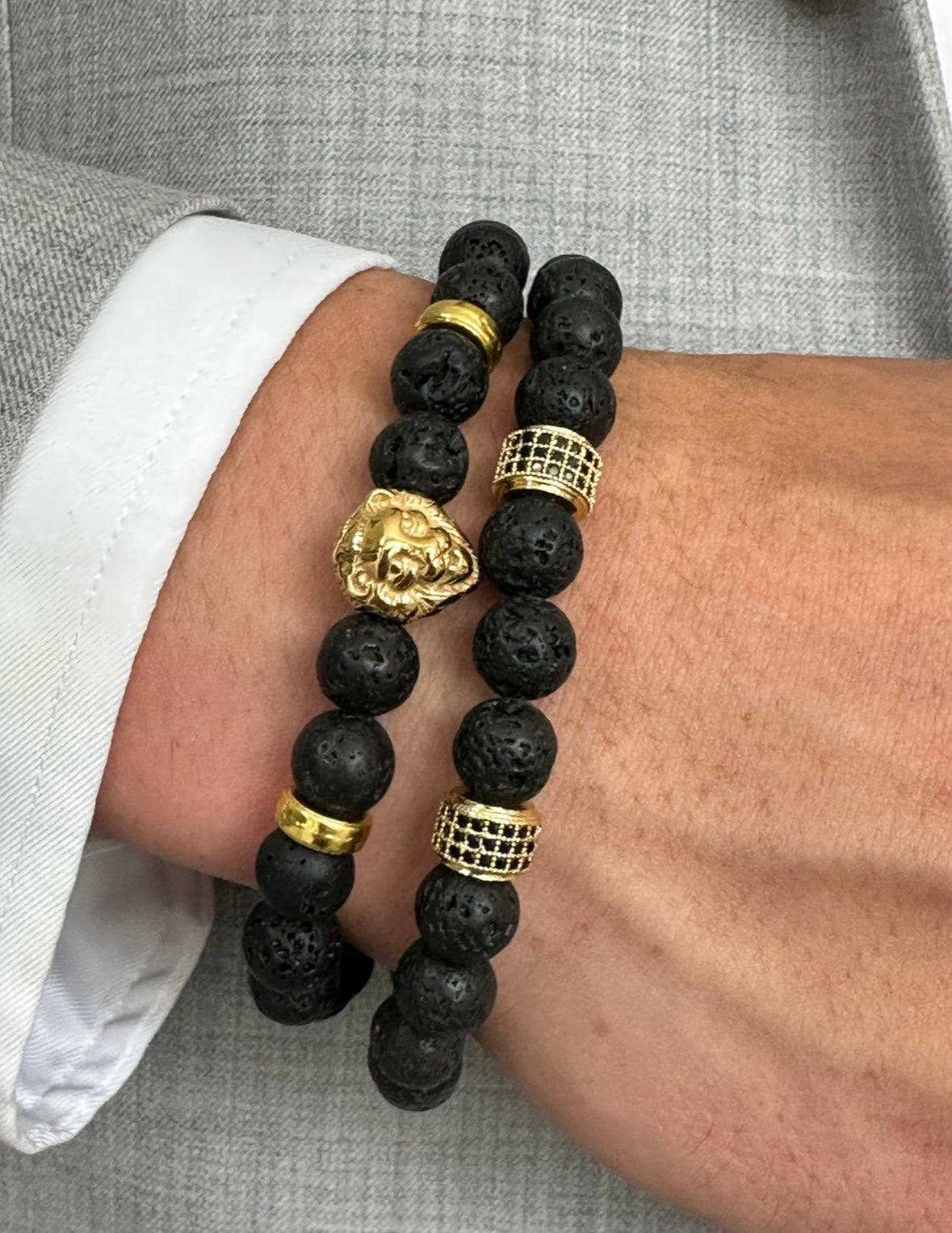 Men’s Black Lava Stone Beaded Bracelet with Lion and Pave’