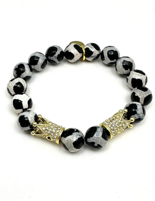 Black and White Tibetan Beaded Bracelet with Crown