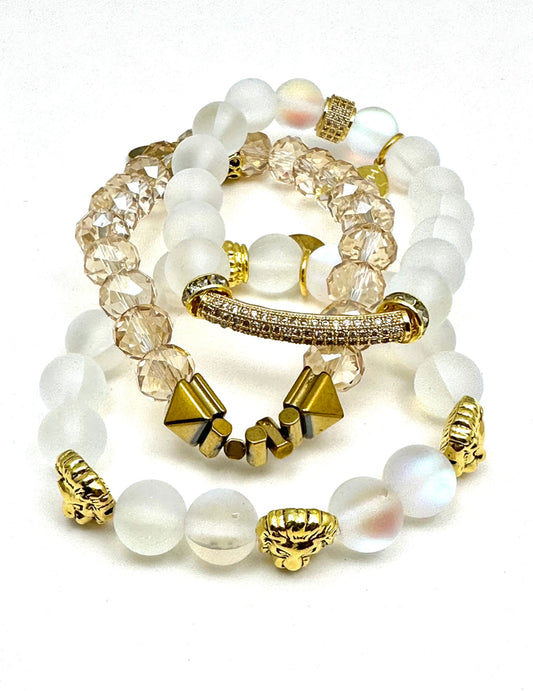 White Mermaid Beaded Bracelet Stack