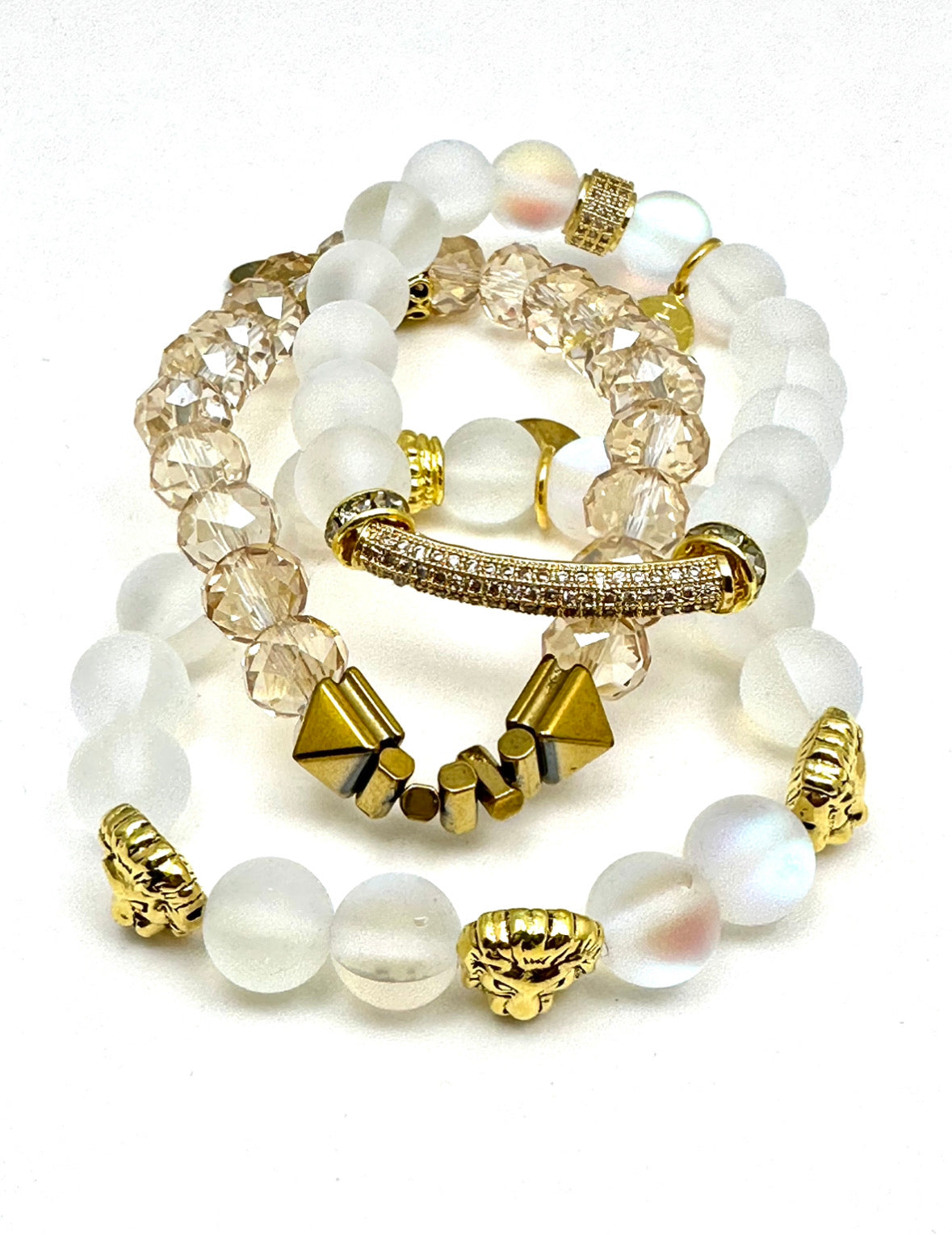 White Mermaid Beaded Bracelet with Pave’ Zircon Bar