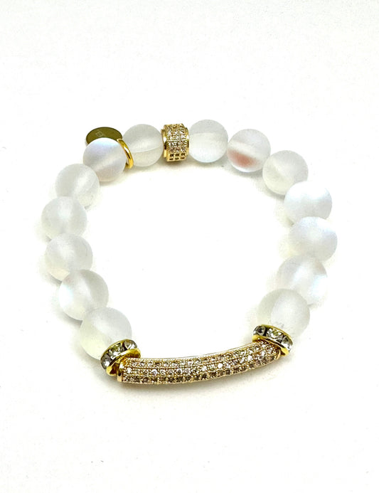 White Mermaid Beaded Bracelet with Pave’ Zircon Bar