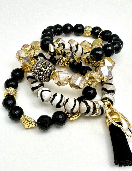 Black and White Zebra Beaded Bracelet Stack