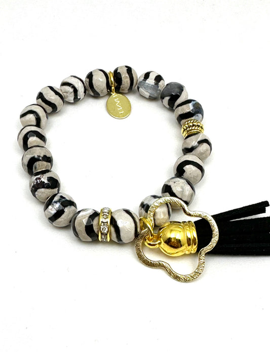 Black and White Zebra Beaded Bracelet with Tassel