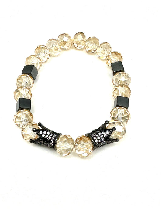 Crystal Hematite Pave Crown Beaded Bracelet