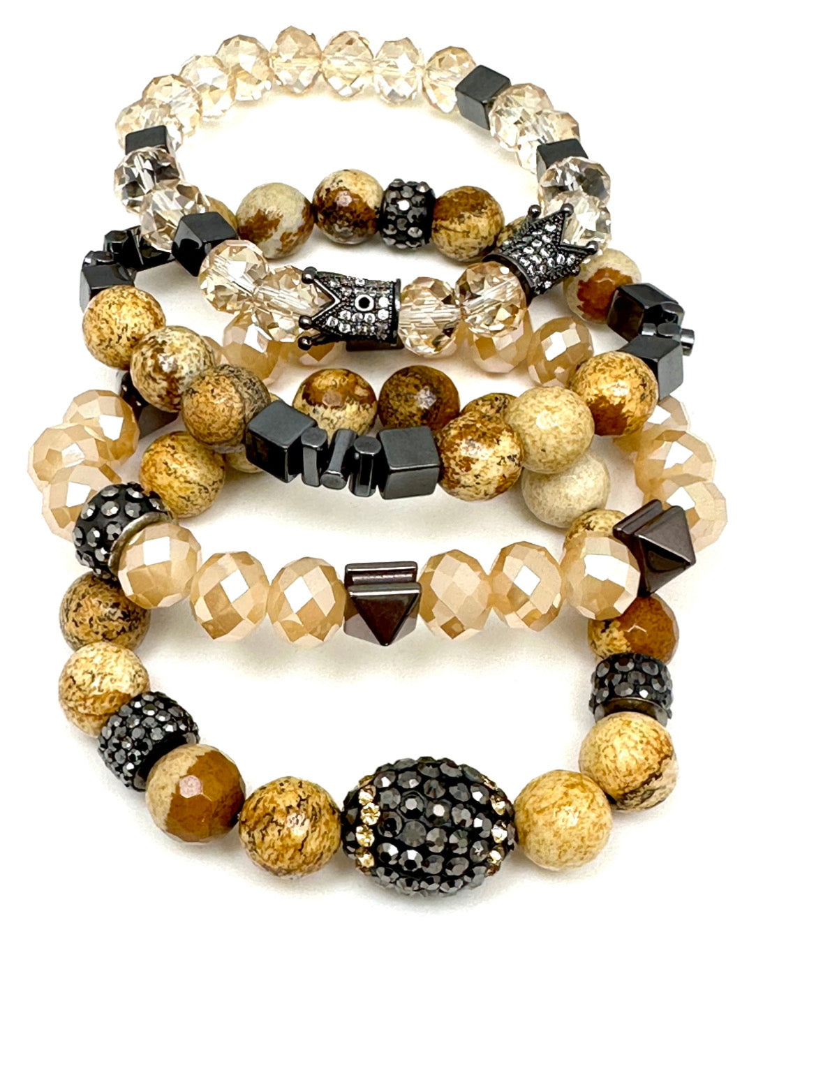 Crystal Hematite Pave Crown Beaded Bracelet