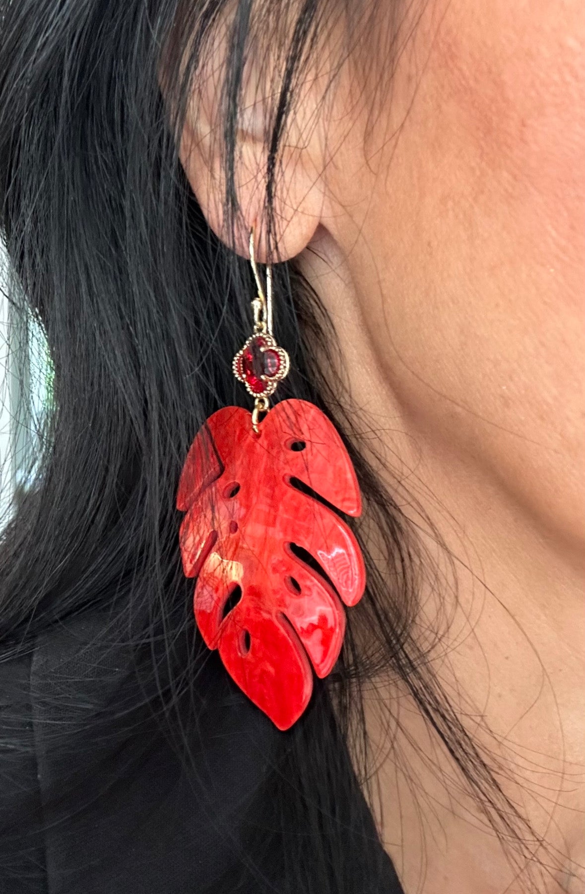 Red Monstera  Leaf Resin Acrylic Earring with Gemstone