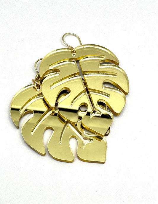 The “Vera”  Gold Mirrored Monstera Leaf Earring