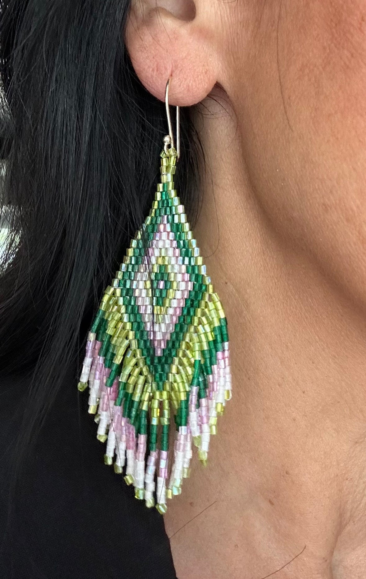 Green with Hint of Pink Beaded Earring