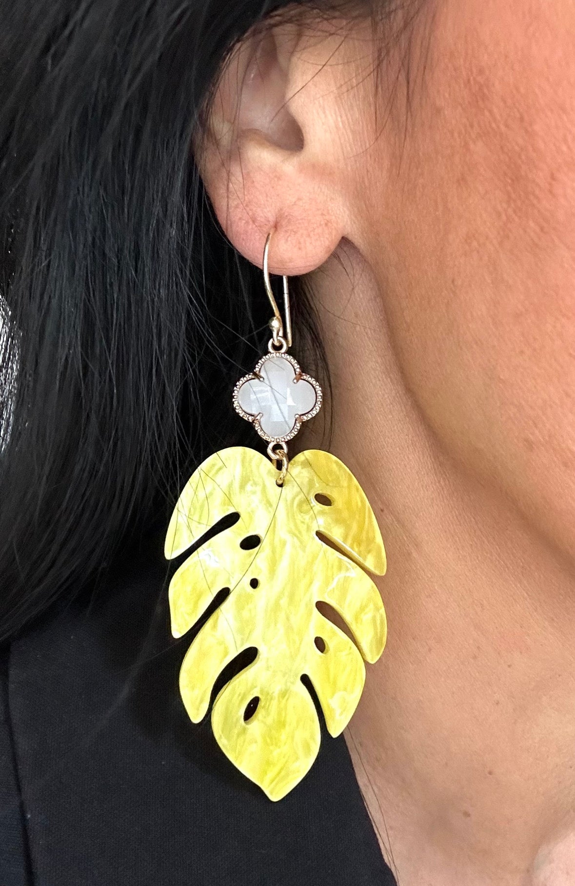 Yellow Monstera Leaf Earring with Gemstone