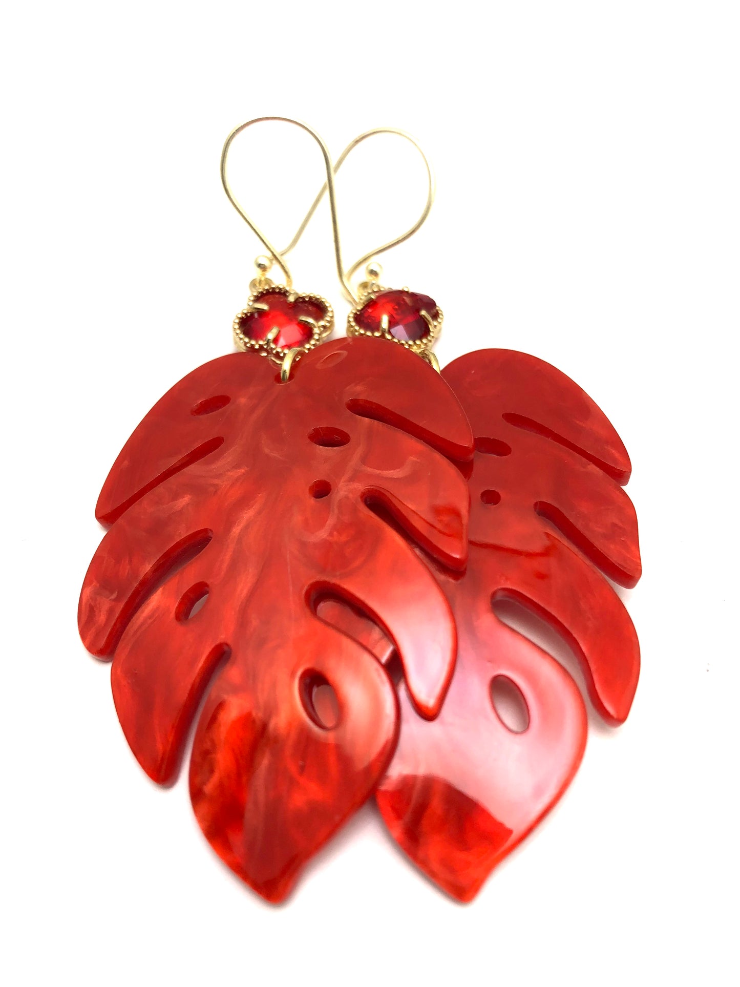 Red Monstera  Leaf Resin Acrylic Earring with Gemstone