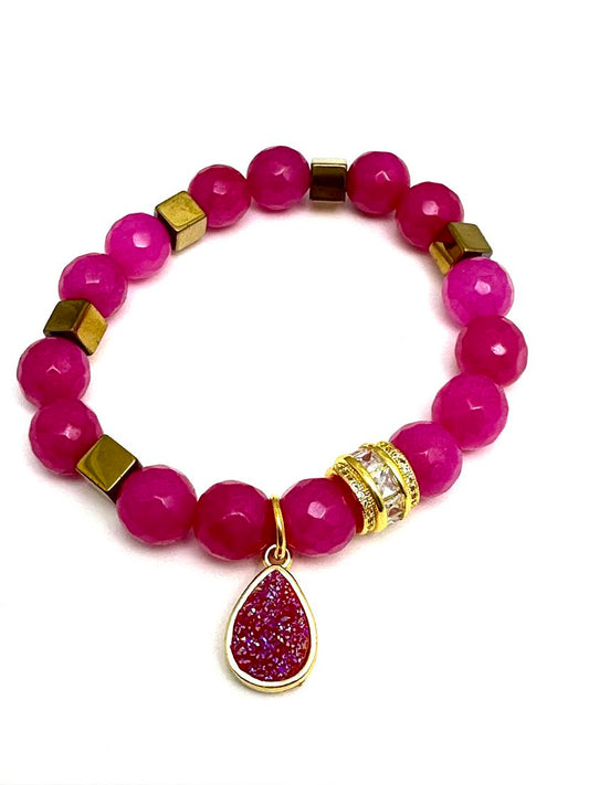 Pink Agate Beaded Bracelet with Brass Finding